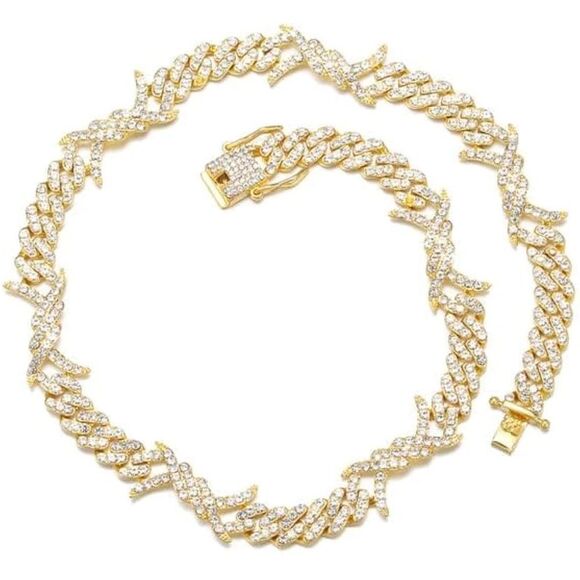 Gold Zircon Rock Thorns Cuban Chain Necklace - Picture 2 of 7